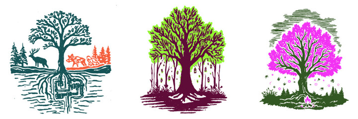 Vibrant Tree Illustrations with Nature Elements and Seasonal Themes