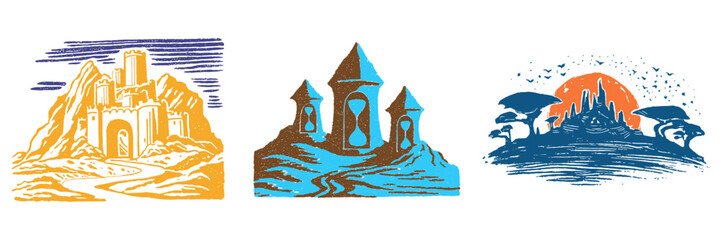Vintage Style Castle and Fantasy Landscape Illustration Set