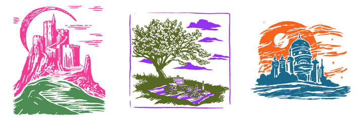 Artistic Illustrations of Castles, Trees, and Landmarks in Nature
