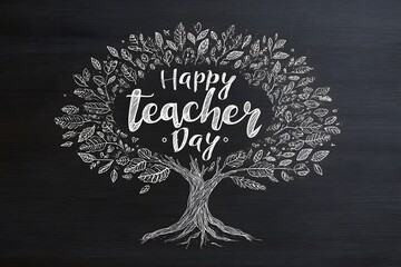 Chalkboard tree with happy teacher day text leaves