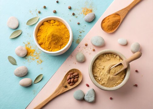 Flat Lay of Turmeric and Sandalwood Powder on Contrast Background