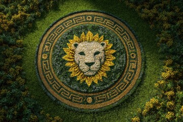 Fototapeta premium Decorative Lion Symbol Surrounded by Floral Patterns in Green Grass