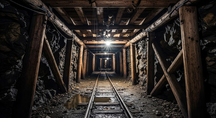 Obraz premium Abandoned Mine Shaft with Wooden Supports and Rail Tracks