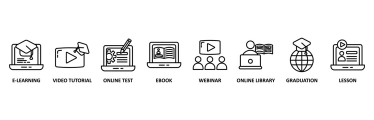 Online education icon set vector illustration for e-learning, video tutorial, online test, ebook, webinar, online library, graduation, lesson