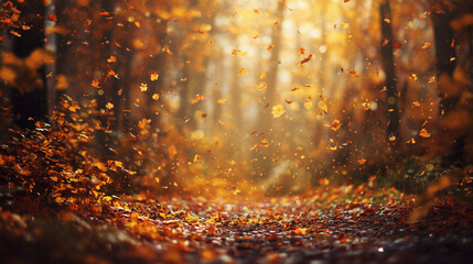 Beautiful autumn landscape with yellow trees and sun. Falling leaves natural background