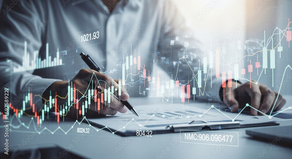 Poster professional analyzing financial charts and stock market data in modern office setting with glowing 