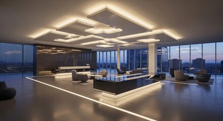 Stunning Modern Office Lounge with Panoramic City Views at Dusk