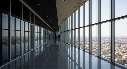 Modern Office Hallway with Panoramic City Views and Glass Walls