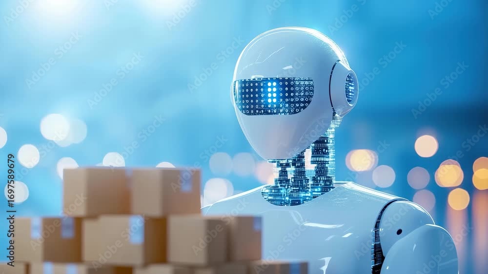 Poster futuristic robot with digital face and glowing circuits near cardboard boxes warehouse, showcasing a