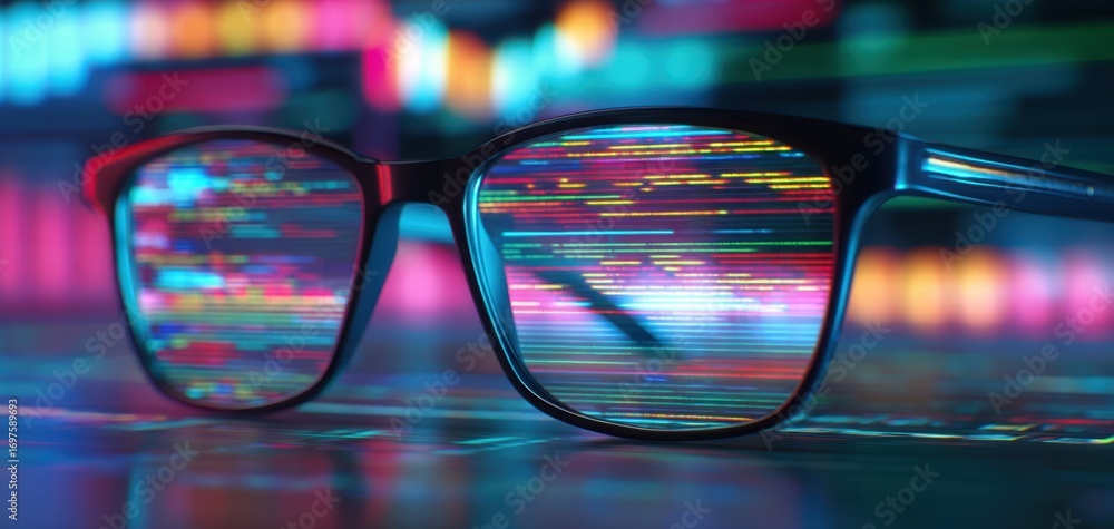 Poster the glasses reflecting neon data streams over blurred digital stock charts and code