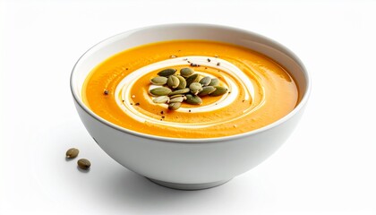 Creamy Orange Pumpkin Soup Garnished with Pumpkin Seeds and Swirls of Cream