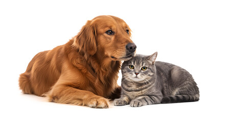 Golden retriever dog with gray cat together