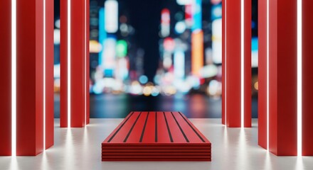 Modern Red Stage with Neon Lights and City Bokeh Background