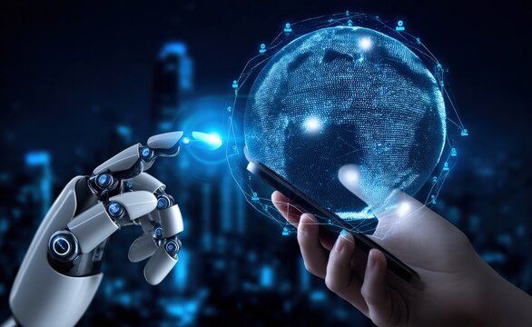 Robotic and human hand interacting with futuristic holographic projection of planet earth, featuring network and social media icons