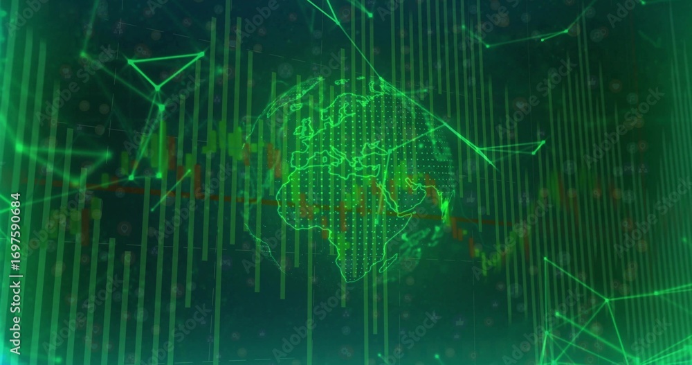 Poster rotating wireframe globe highlighting africa and europe on grid, with bar charts and network nodes