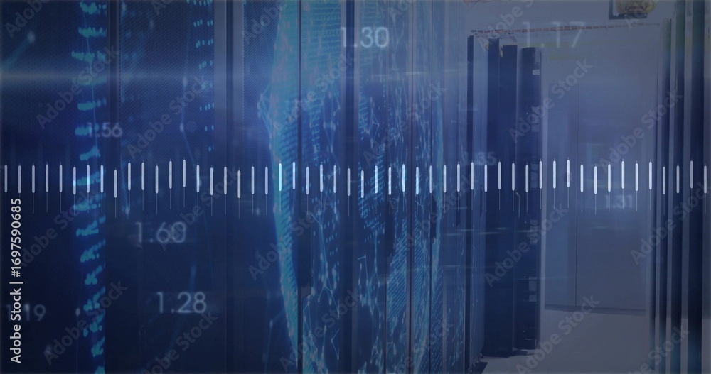 Poster displaying servers projecting world map overlay in data center corridor, with numeric waveform