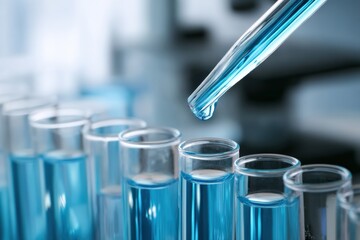 Pipette is dripping blue liquid into test tubes in a laboratory, conducting scientific research and analysis
