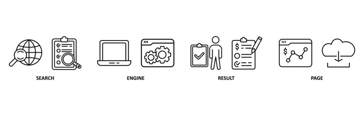 SERP icon set vector illustration for search engine result page with icon of web search, computer, search engine, mobile search, page result, and statistics graph