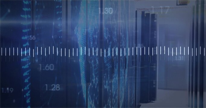Displaying servers projecting world map overlay in data center corridor, with numeric waveform - Powered by Adobe