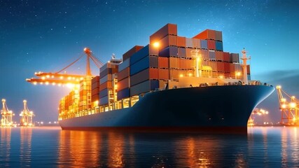 Container ship cargo shipping port night illuminated water transportation logistics industrial reflection export import global freight maritime ocean - Powered by Adobe