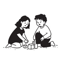 vector art illustration: kids playing with cubes. cozy atmosphere