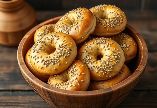 Rustic wooden bowl overflowing with golden-brown poppy seed bagels,  culinary,   baking - Powered by Adobe
