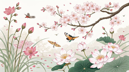 Beautiful cherry blossoms and lotus flowers with butterflies in spring