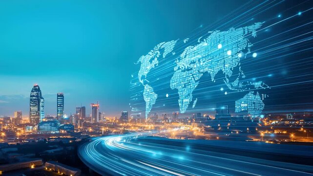 Cityscape Skyline Digital World Map Technology Futuristic Night Urban Innovation with Glowing Data Streams and Global Connectivity Modern Blue Light