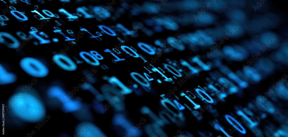 Aufkleber the binary code flowing across a glowing blue digital data stream in abstract