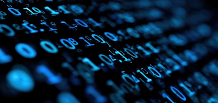 The binary code flowing across a glowing blue digital data stream in abstract