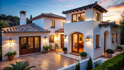 
Mediterranean-inspired home with white walls and clay roof at dusk