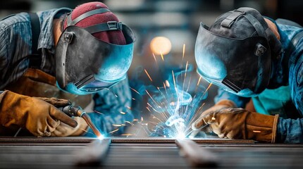 Artisans of Industry: Two skilled welders working meticulously, their focused work is illuminated by the electric light. It's a powerful visual of technical proficiency.