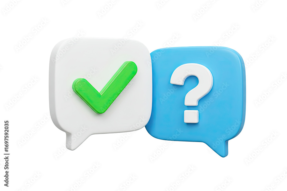 Poster Two speech bubbles one with a green checkmark and the other with a question mark isolated on transparent background