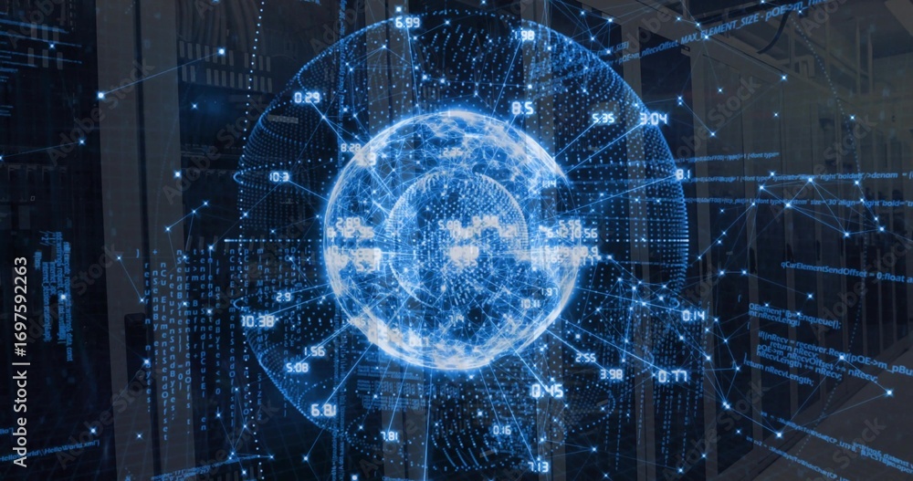 Poster floating blue wireframe globe showing numeric data labels in data center, with server racks