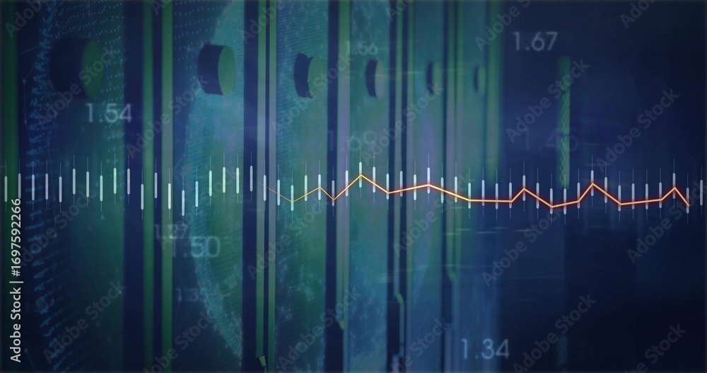 Poster displaying waveform line spanning data dashboard with green bars, globe outline, numeric labels