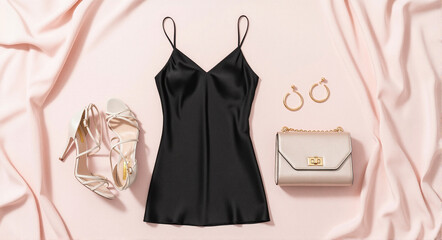 Elegant women's date night outfit flat lay with black silk dress and gold accessories on pink background