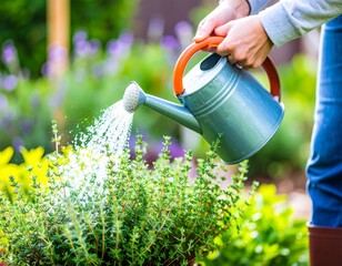 Person watering herbs in a garden (1)