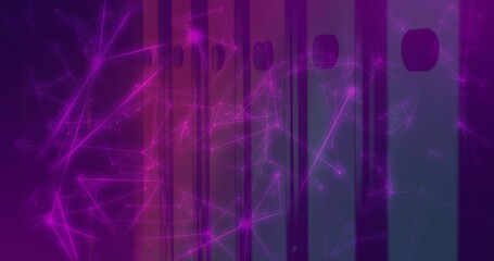 Displaying abstract network in digital scene, showing glowing magenta nodes and bars with holes