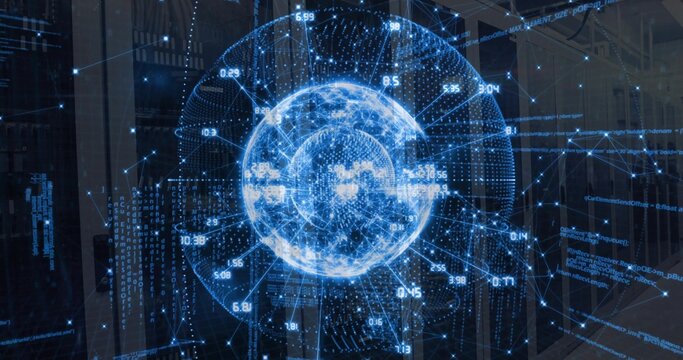 Floating blue wireframe globe showing numeric data labels in data center, with server racks