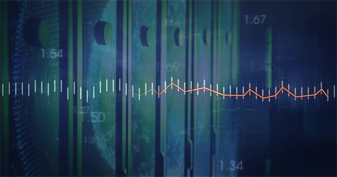 Displaying waveform line spanning data dashboard with green bars, globe outline, numeric labels