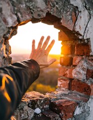 Hand reaching through a broken wall at sunset