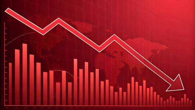 red graph arrow stock market fall background, economy finance crisis loss