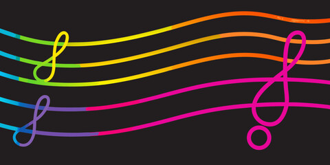 Vibrant rainbow colored musical staff lines with treble clefs on a black background