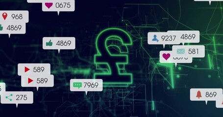 Glowing neon pound sterling symbol hovering center above fintech grid, with floating alert bubbles