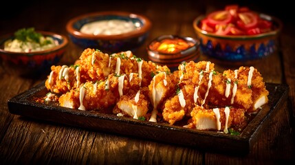 Crispy, golden-brown chicken tenders are drizzled with a creamy sauce, arranged on a dark wooden platter.