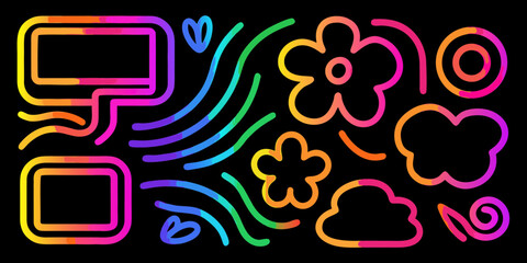 Vibrant gradient neon outline shapes and elements on black background