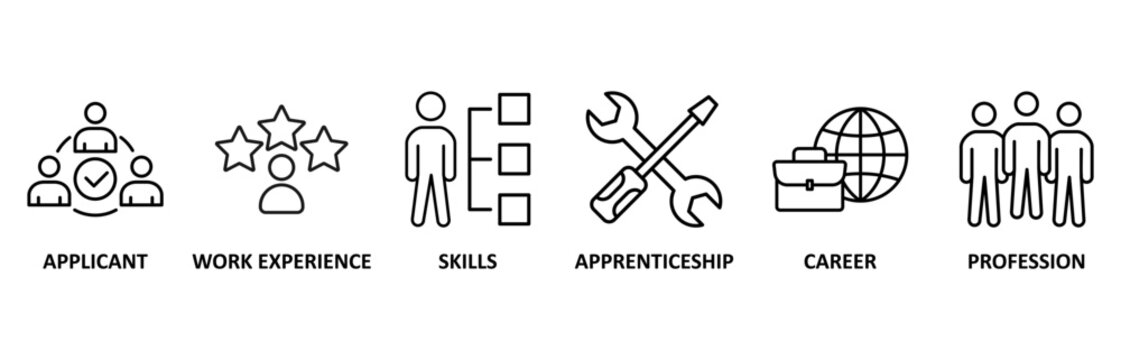 Traineeship icon set vector illustration for apprenticeship on job training program with icon of applicant, work experience, skills, internship, career, and profession