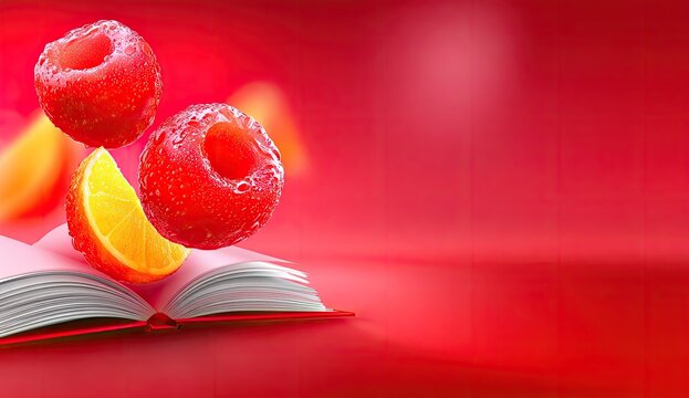 Open book with vibrant red raspberries and orange slices levitating above it on a red background - Powered by Adobe