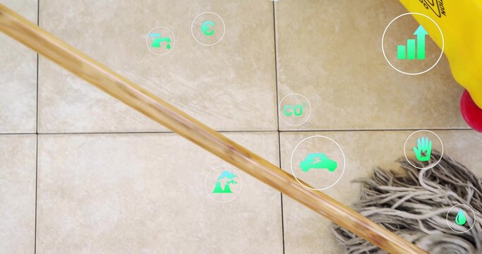 Mopping wooden handle and gray mop head cleaning room floor, with yellow bucket, green metric icons