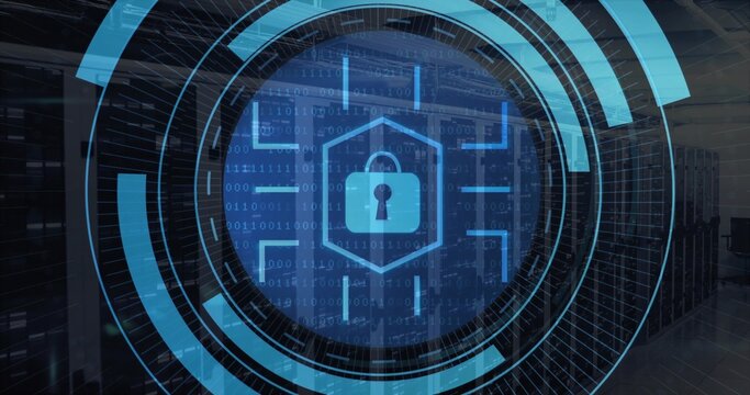 Projecting glowing blue lock icon hovering in server room aisle, with server racks and code overlay